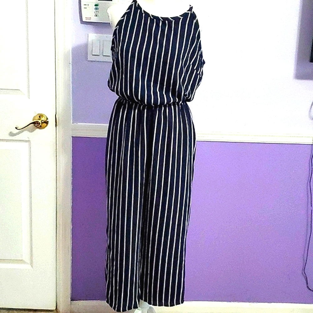 CI Sono Chic Navy Cream Striped Back Opening Straight Leg Ankle Jumpsuit S